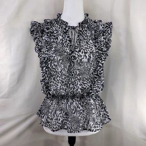 Elan NEW Black & White Relax Fit Sleeveless Ruffles Peplum Top Blouse Shirt S/M